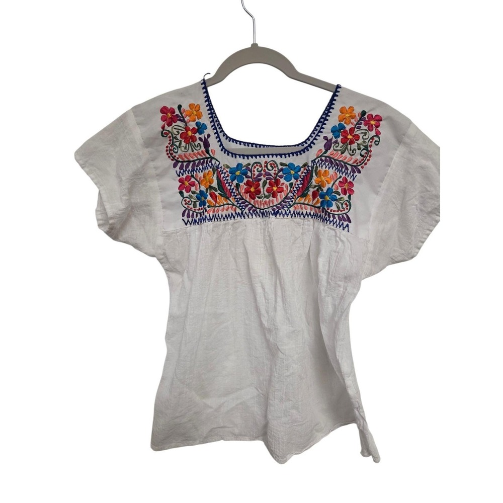 Mexican Peasant Blouse White Floral Embroidered Boho Square Neck Short Sleeve